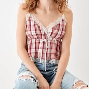 American Eagle Prettiest Lace Trim Cami Top XL Red White Plaid Western Core